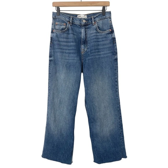 Zara Wide Leg Raw Hem Ultra High Rise Boyfriend Blue Jeans Size 6 Casual Trendy - Picture 1 of 11